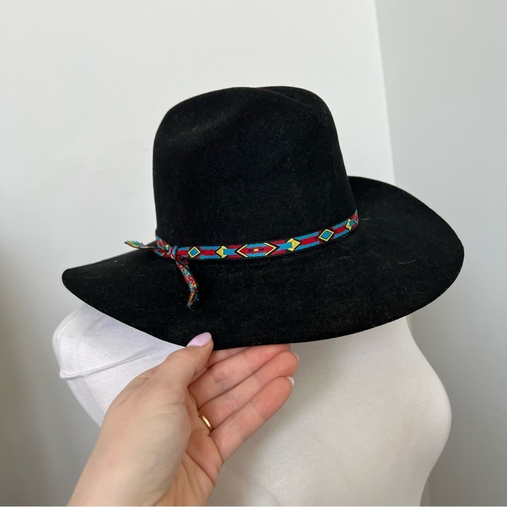 Black Wool Fedora Hat w/ Colorful Woven Band Boho Western Prairie - Picture 4 of 6